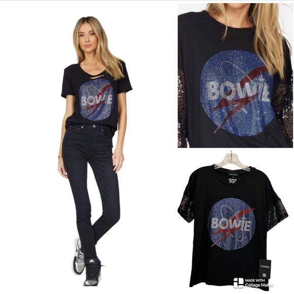 NWT Revolve Lauren Moshi crystal and sequin Black Bowie Graphic T-Shirt - Picture 1 of 6